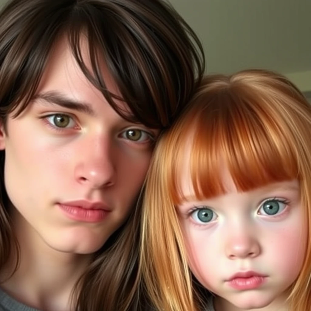 Young guy with long dark brown hair parted in the middle, sharp facial features, pale skin, light brown eyes, thick eyebrows, and long eyelashes, next to a cute white ginger girl with pink lips, green eyes, and bangs. - Image