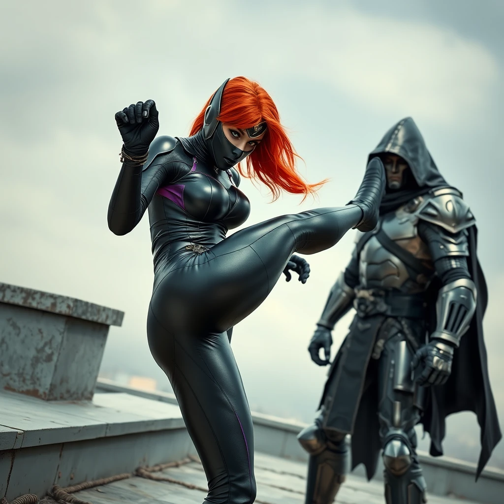 A female redhead with green eyes and a black metallic mask, wearing metallic black and purple futuristic spandex, is kicking a tall man in heavy metallic armor with a black hood and cape on a rooftop. - Image