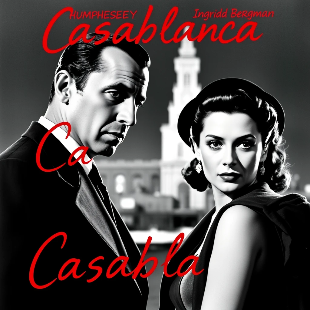 A photorealistic black and white movie poster for the film Casablanca starring Humphrey Bogart and Ingrid Bergman, with the film title in a red handwritten font. - Image