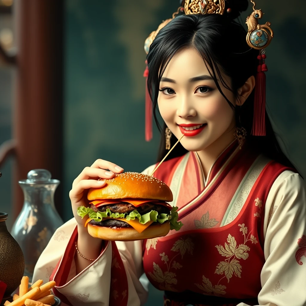 An ancient Chinese beauty wearing Hanfu is eating a hamburger.