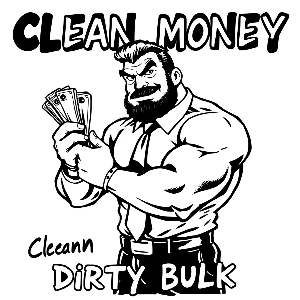 A 50s dot comic ink black monochromatic style of a muscular business gigachad holding a wad of cash. Text says “Clean Money Dirty Bulk”.