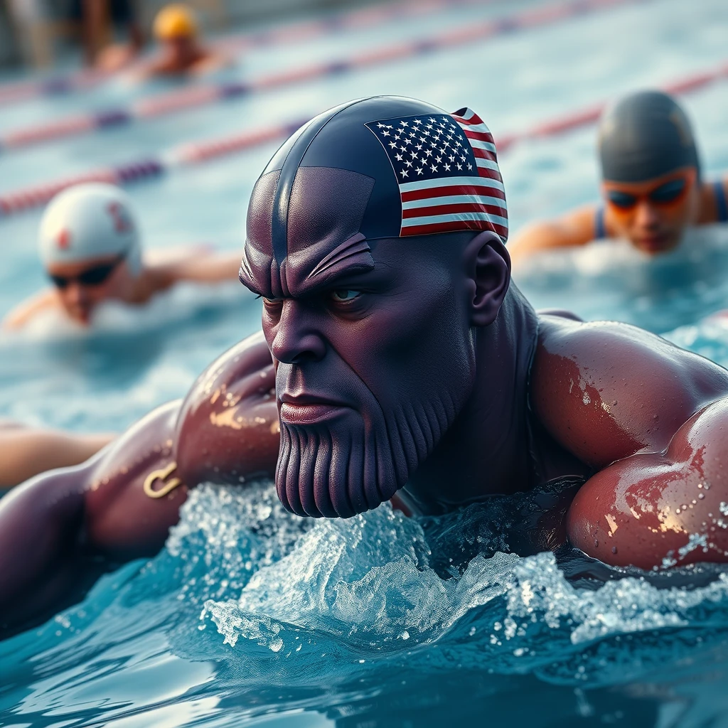 A Thanos with a purple head is competing with others in swimming, wearing a swimming cap with the American flag, in a realistic style, swimming motion, panoramic photo.