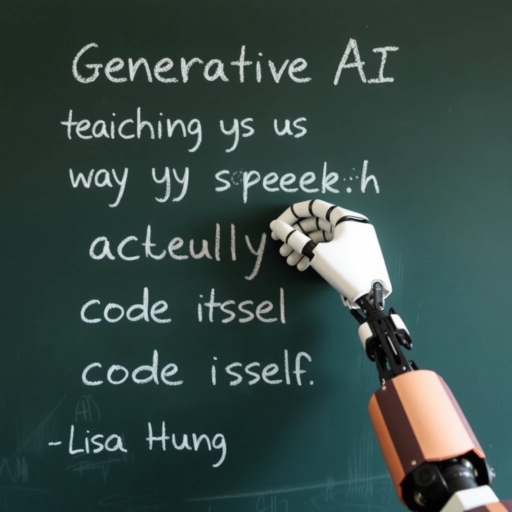 A robotic hand writing with chalk on a chalkboard with writing on it that says “Generative AI is teaching us that the way you speak is actually code itself” – Lisa Huang, classroom style chalkboard.