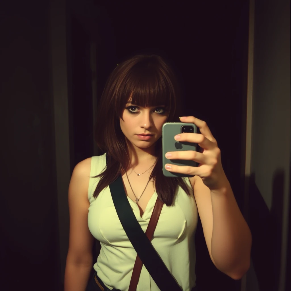 Phone photo: A woman in cosplay stands in front of a mirror capturing a selfie. The image quality is grainy, with a slight blur softening the details. The lighting is dim, casting shadows that obscure her features. Her expression is casual while the old iPhone struggles to focus, giving the photo an authentic, unpolished feel. The mirror shows smudges and fingerprints, adding to the raw, everyday atmosphere of the scene.