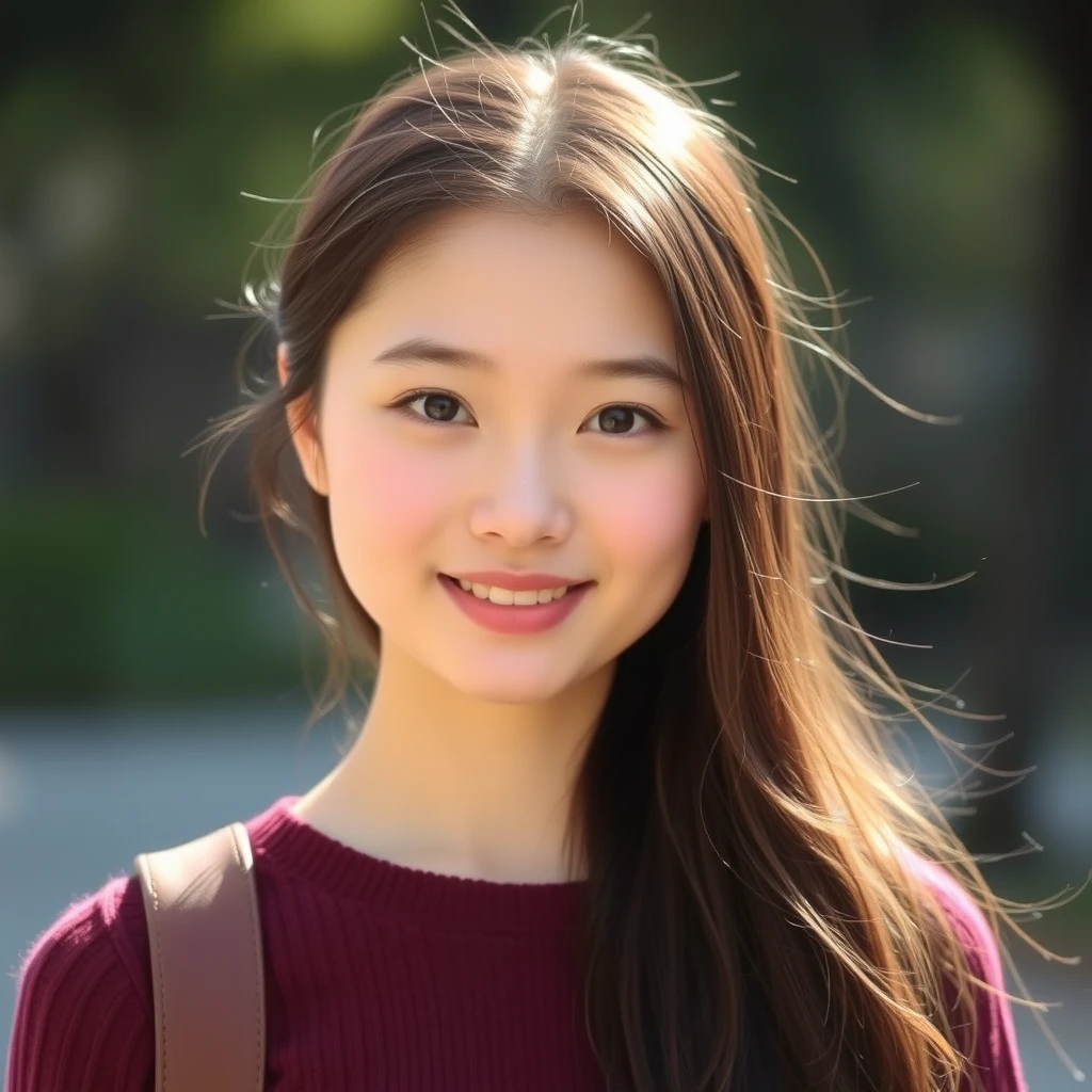 A girl, pretty beautiful, round face, Chinese human, 18 years old, college student, summer.