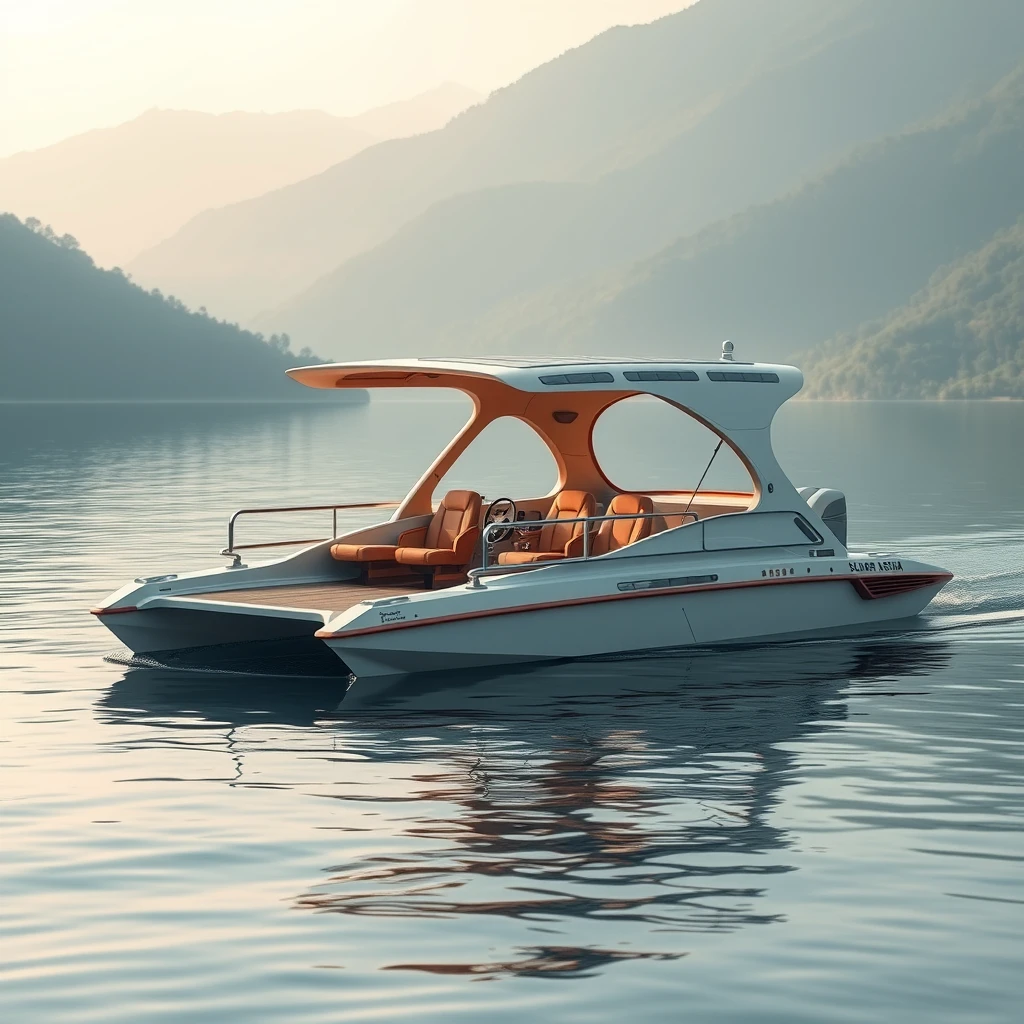 Smart Indian ethnic design of an open hydrodynamic, 5 meter short Catamaran boat with 6 seats, with adequate safety rails, in a calm lake in Kashmir, the platform powered by batteries and thruster pods, with joystick controls on the dashboard, carrying a foldable hard roof with the solar panels over it.