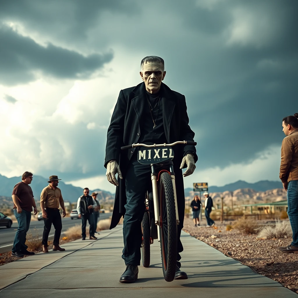 Boris Karloff as Frankenstein the outlaw biker walks down the sidewalk, everyone looks on in amazement, a storm is coming across the desert, photo-realistic, aggressive, 4k.