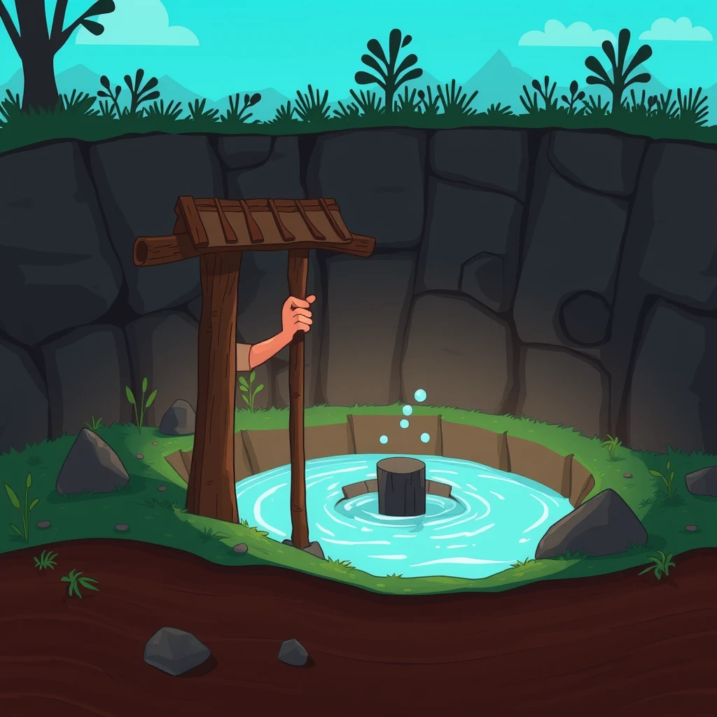 /image prompt: Side view, cartoon style, there is water underground, a man is digging a well, after digging for a few times without finding any water, he gives up and decides there is no water, super high effect, HD, 16k --ar 16:9 --v 6.0/ - Image