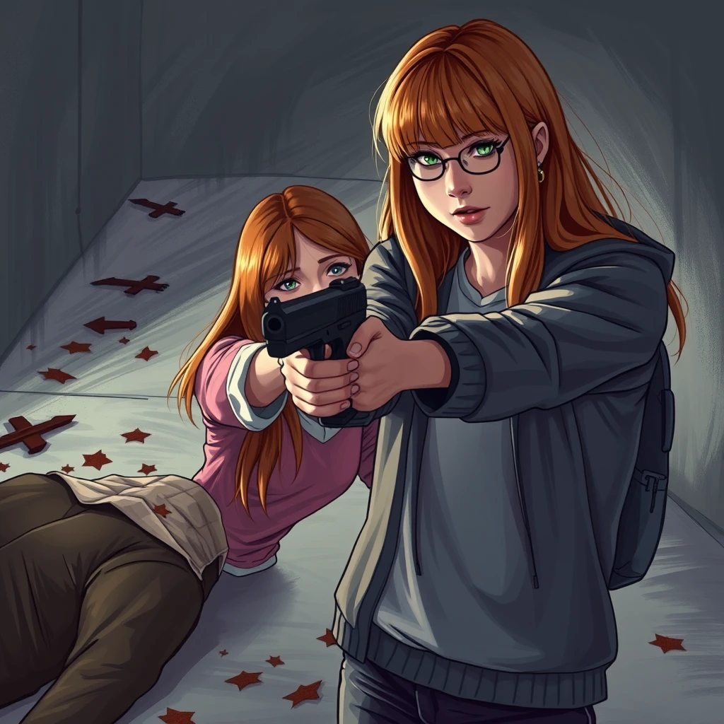 A death scene; a short, skinny teenage girl with long ginger hair and bangs, green eyes, and cute clothes is shooting and killing a dead young, skinny, tall Italian white man who wears glasses.