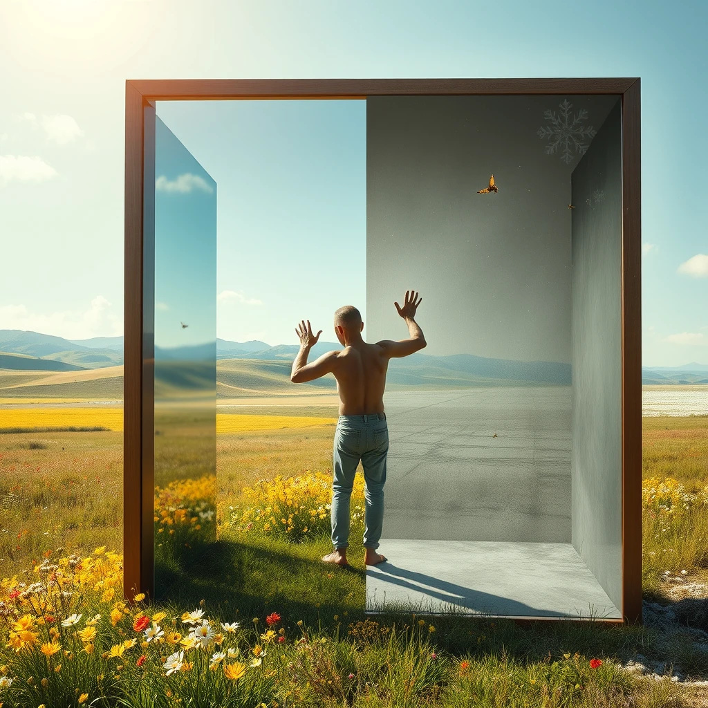 The image content is a huge transparent mirror, divided into two worlds: inner and outer.

The outer world (the world of light):
Colors: Dominated by green, yellow, and gold, creating a vibrant spring atmosphere.
Elements: A lush prairie with clusters of flowers, colorful butterflies and bees fluttering about. In the distance, rolling hills and a light blue sky, with a few white clouds drifting lazily. Golden sunlight bathes the earth.

The inner world (the world of darkness):
Colors: Primarily gray and white, evoking a cold, dim winter atmosphere.
Elements: A depiction of a frozen wasteland, with snowflakes dancing in the air and the ground covered with thick snow. A frail middle-aged man stands inside the mirror, dressed in thin clothing, his emaciated form strikingly visible as he pounds on the mirror with his arms. He gazes at the outer world, revealing his yearning for the light.

Details and atmosphere:
Light and shadow contrast: Enhance the contrast between the two worlds' lighting, making the image more vivid and powerful. - Image