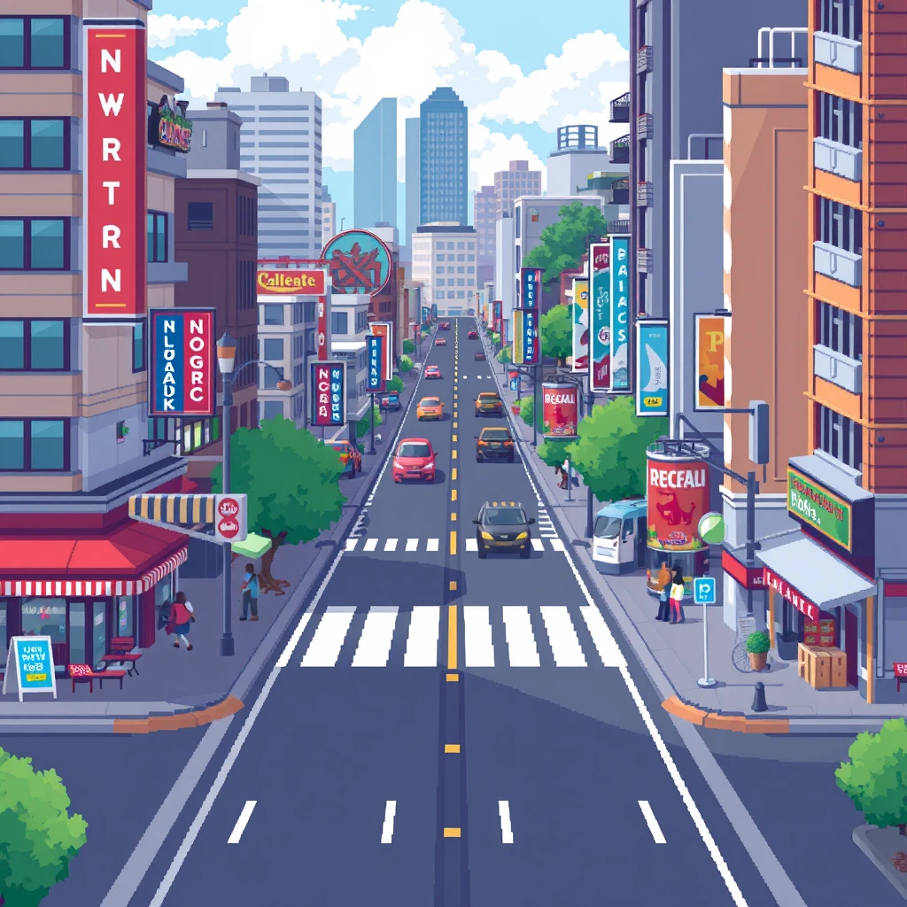 Urban streets, commercial streets, roads, pixel art, 2-bit.