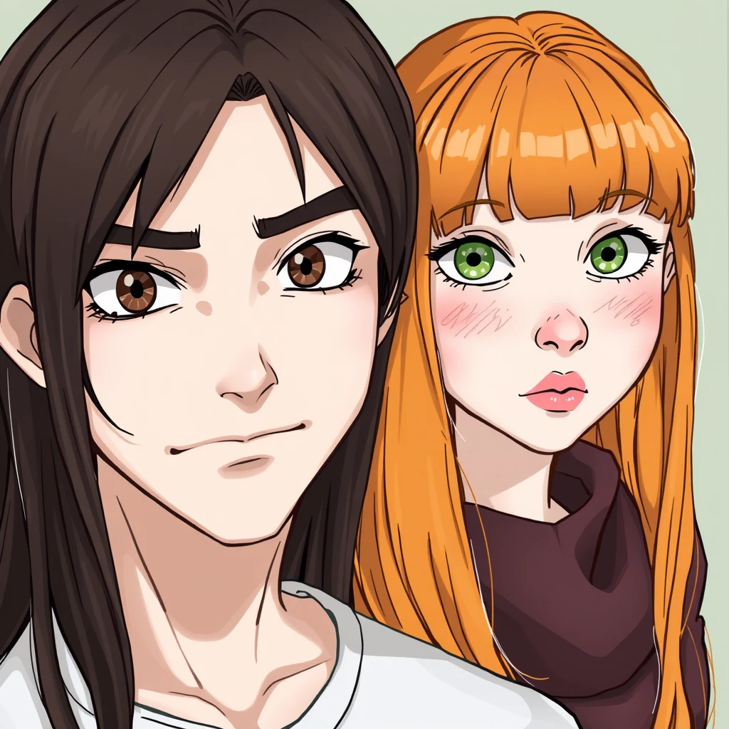 Young guy, long dark brown hair parted in the middle, sharp facial features, smirk, pale skin, light brown eyes, thick eyebrows, long eyelashes next to a cute white ginger girl, small nose, pink lips, green eyes, long bangs.