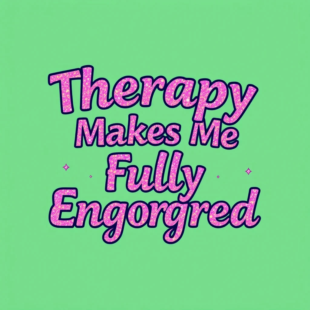 T-shirt design of fantastic vibrant glittery but ethereal text that says "Therapy Makes Me Fully Engorged"