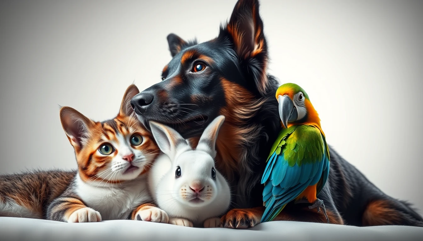 Cat with rabbit with dog with parrot Dramatic lighting against white background. Hyper-realistic, high-resolution image, expressive features and coloration.