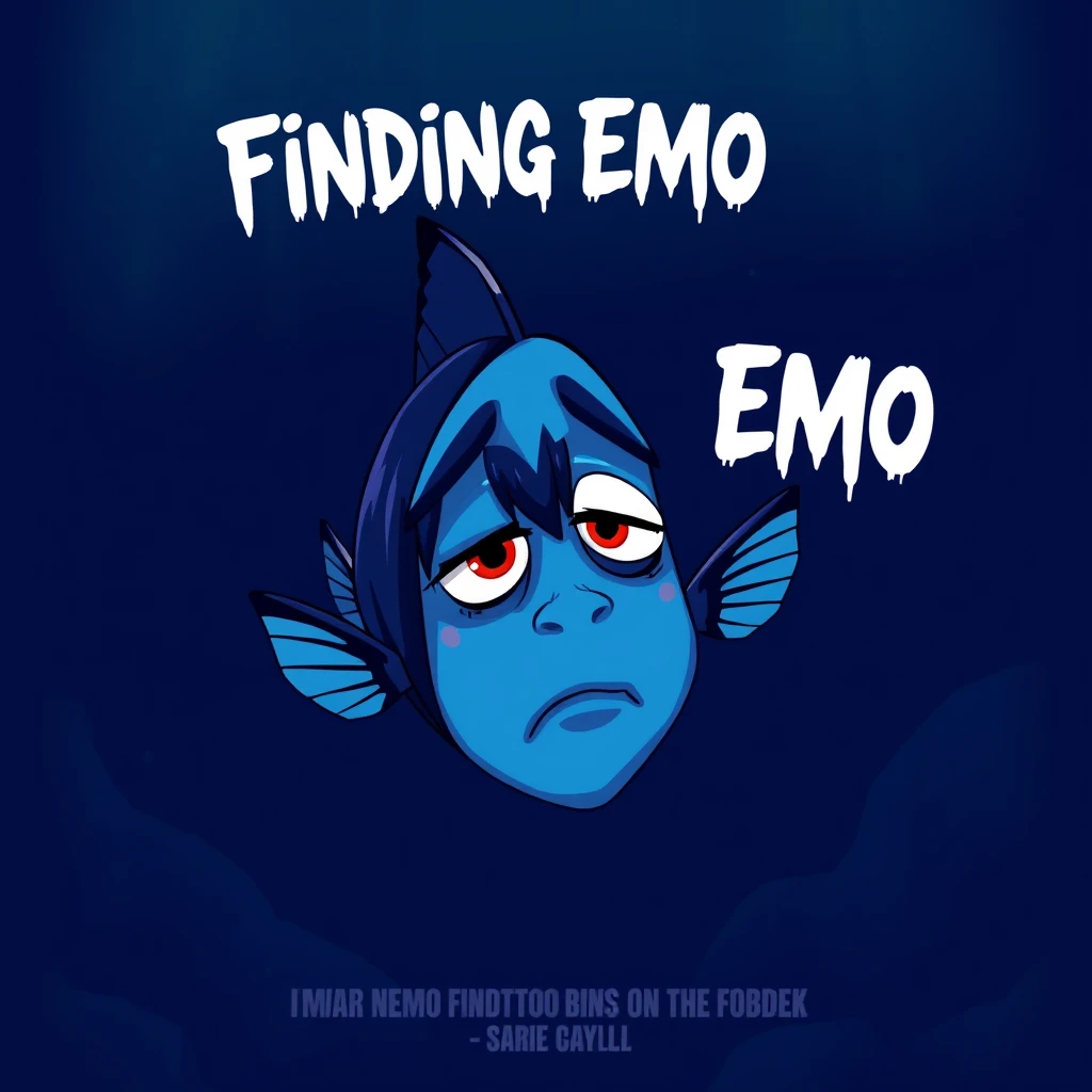 A digital illustration of a movie poster titled "Finding Emo", a Finding Nemo parody poster, featuring a depressed cartoon clownfish with black emo hair, eyeliner, and piercings, bored expression, swimming in a dark underwater scene, in the background, movie title in a dripping, grungy font, moody blue and purple color palette. - Image