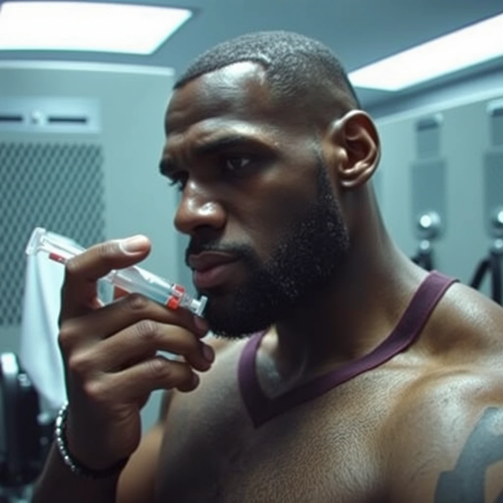 CCTV footage of LeBron James injecting steroids in the gym locker room. Full frame, 20mm, low quality. - Image