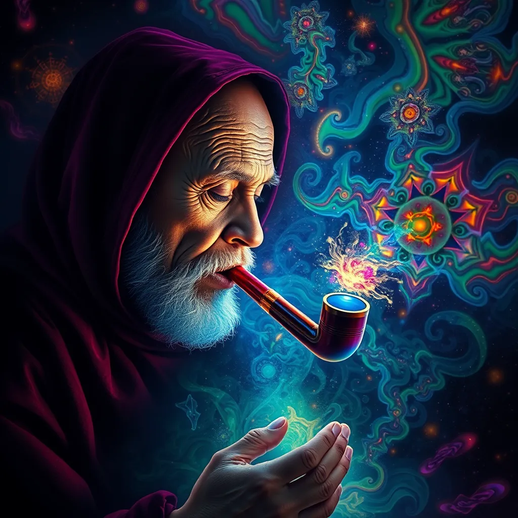 dark monk smoking DMT from a pipe and breaking through to another dimension full of multicolored fractals