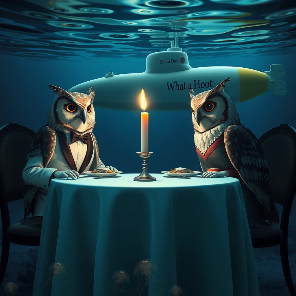 Underwater scene of two owls sitting at a fancy dining table with a lit candle in the center, the two owls are having a lovely dinner together. The left owl is wearing a tuxedo, the right owl is wearing a nice dress. In the background is a submarine passing by with the words “What a Hoot” painted on its side. There are little jellyfish swimming around at the bottom of the image below the table, cinematic beautiful digital artwork.