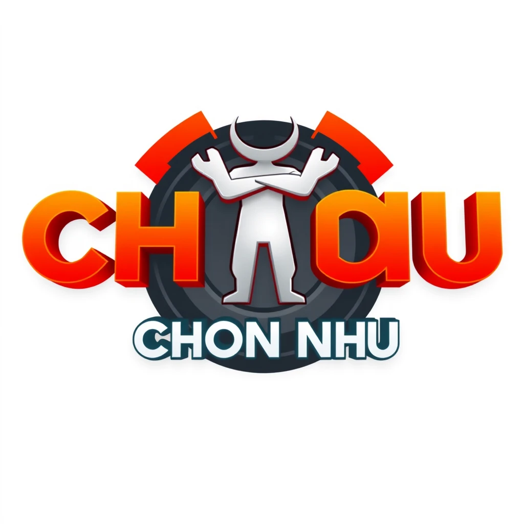 A 3D gaming typography logo featuring the title "CHON NHU" with a circular 3D iconic figure. The figure poses as a [SUBJECT]. The design is minimal, centric, with a color scheme of [COLOR1] and [COLOR2], giving it a [MOOD1] and [MOOD2] appearance. - Image