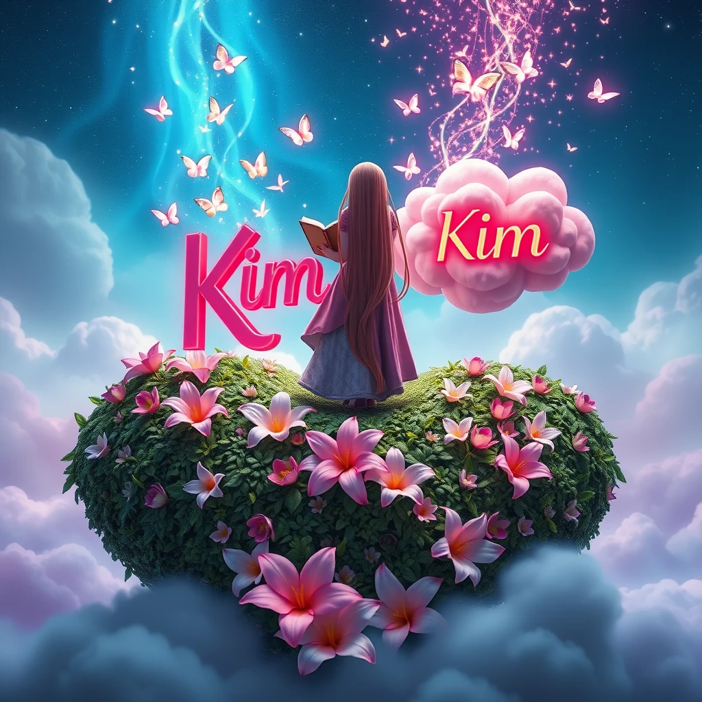 In this captivating 3D illustration, Rapunzel stands gracefully atop a heart-shaped hill covered in lush greenery and adorned with exquisite lilies. She holds a mystical book that emits iridescent butterflies, which leave a shimmering trail of stardust as they soar towards the enchanting night sky. The character's name "Kim" is elegantly inscribed in metallic red font on a fluffy pink cloud, adorned with a myriad of shimmering butterflies. The serene background contrasts with the vibrant colors in the foreground, creating a dreamlike atmosphere. The masterful combination of photography, painting, and 3D render techniques produces a truly captivating visual experience, with a touch of neon to enhance the magical ambiance.