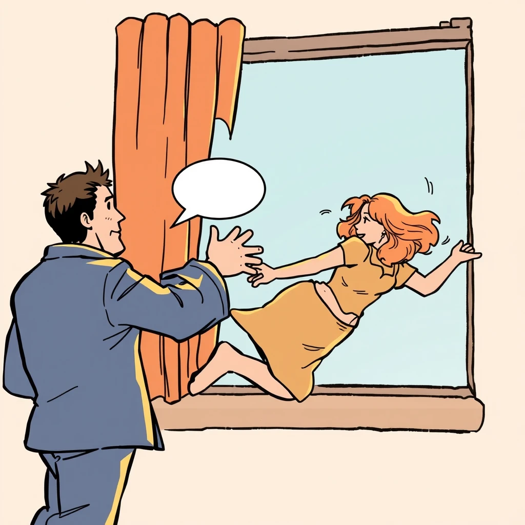 The man pushed a woman at the window; the woman slipped and fell out of the window. Comic. - Image