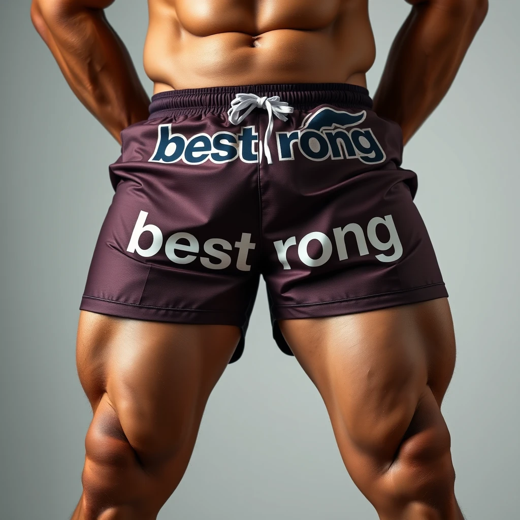 Close-up of a man's strong, thick legs, muscular beefy Asian male, he is wearing shorts that say "best rong," 4k, detail, hd, realistic, masterpiece. - Image