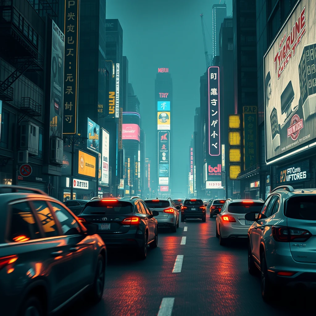 Vehicles moving in a futuristic cyberpunk city lit by neon billboards.