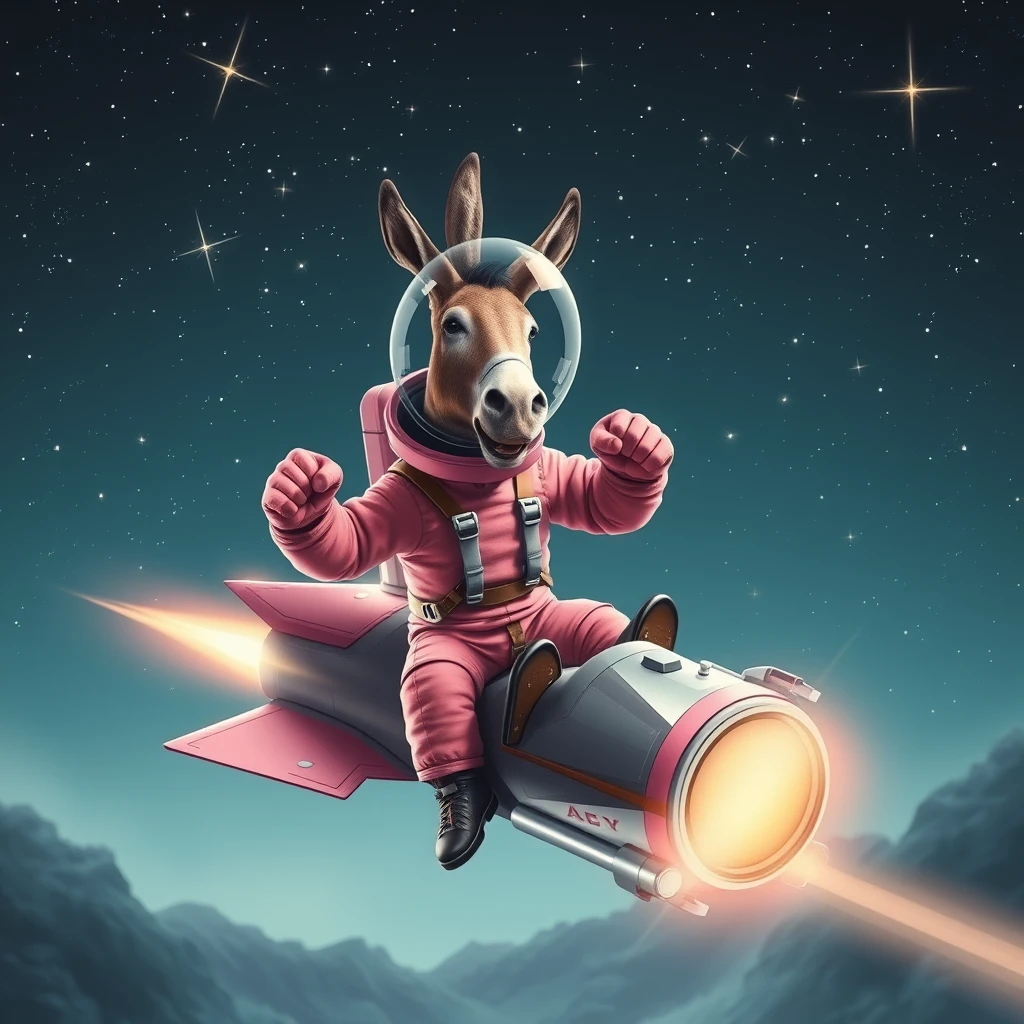 An ambitious donkey wearing pink astronaut costume, riding on a stunning spaceship, making a punching gesture, flying to the outerspace under a clear night sky with lots of shining stars. Realistic style. - Image