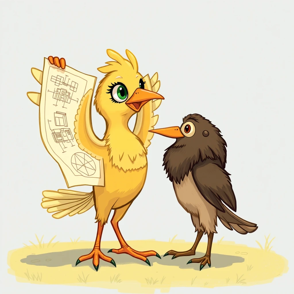 Bella the clever bird holds up a blueprint with her wings, her eyes sparkling with ingenuity as she explains her plan to Leo. - Image