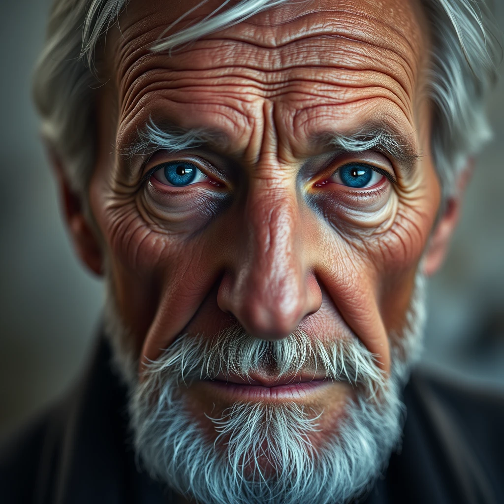 Close-up photograph of an elderly man, his face a canvas of deep wrinkles and weathered skin. Piercing blue eyes gaze directly at the camera, reflecting a lifetime of experiences. Silver hair and a well-groomed beard frame his features. Shot with an 85mm lens at f/1.8 for shallow depth of field, isolating his face against a soft, out-of-focus background. Dramatic Rembrandt lighting emphasizes texture and creates a chiaroscuro effect. Color grading leans towards cool tones, enhancing the silver of his hair and the blue of his eyes. - Image