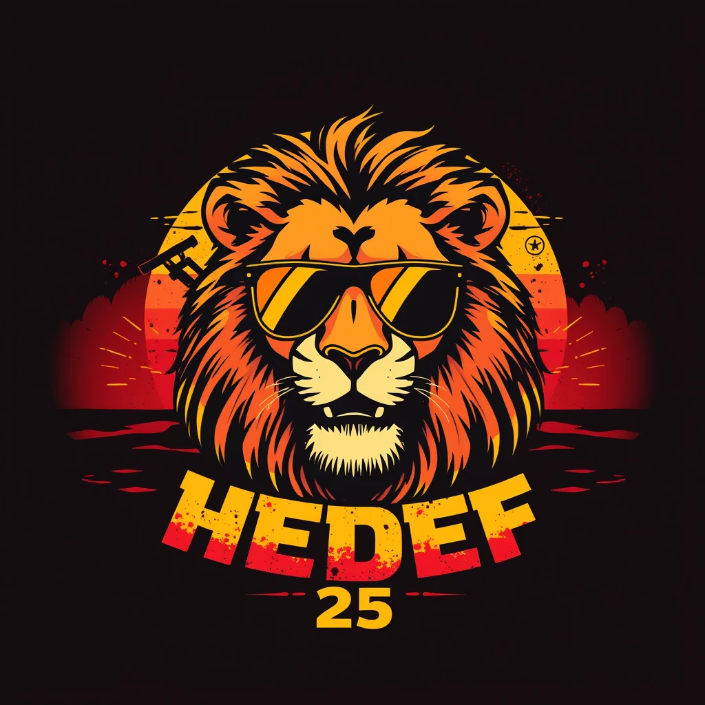 Vector t-shirt design Vintage retro sunset distressed red and yellow style design, a cool hunter lion wearing sunglasses, with text “HEDEF 25”, typography, graffiti, 3d render, 4k, vibrant.