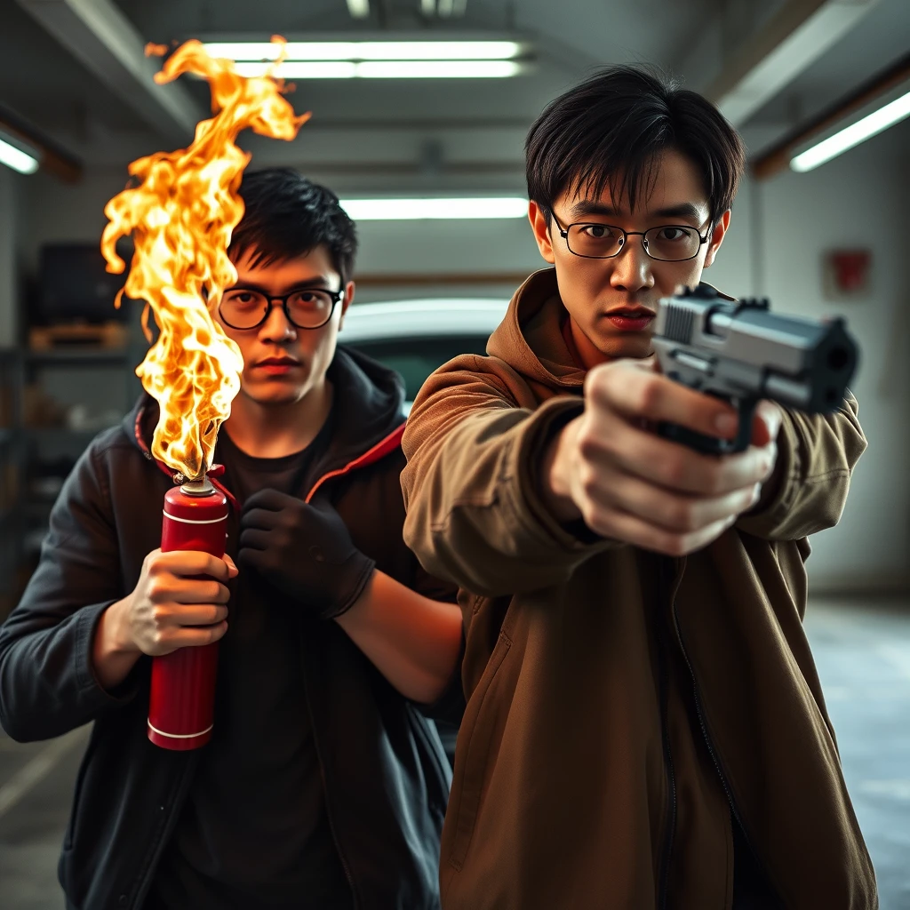 I want a 2-person set; they are two men, both 20 years old, and they look really angry with a murderous intent in a garage setting. The first man is a Caucasian white man; he has short black hair and wears round prescription glasses. In the scene, he's holding a very large fire extinguisher that shoots fire like a flamethrower. The second man is a Chinese man; he has a thin, long face, mid to long hair with a fringe, and wears square prescription glasses. He's holding a pistol aimed at the screen. - Image