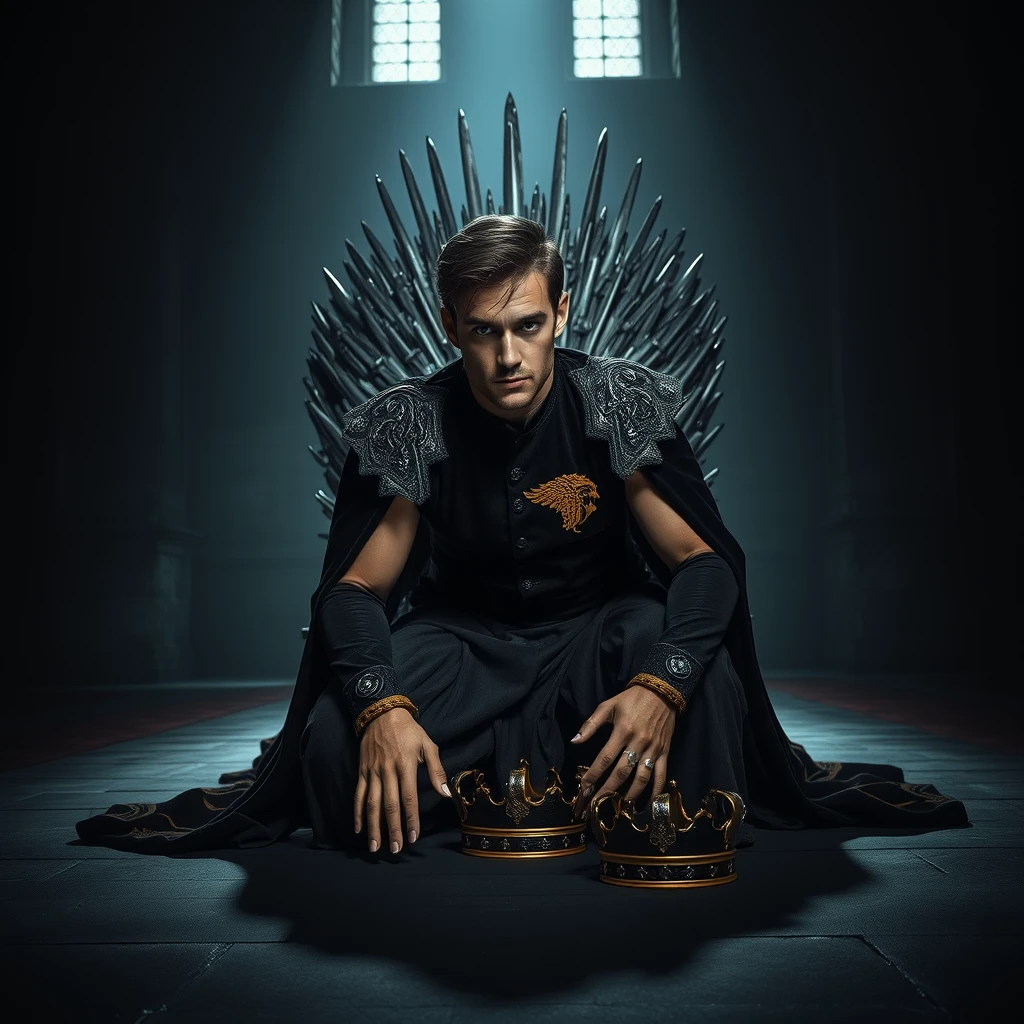 Setting: A grand, dimly lit throne room in a medieval European castle, with towering stone walls and arched windows. Focus on the intricate details of the Iron Throne – its jagged edges, the countless swords melted together, and the imposing presence it commands in the room.
Lighting: Use dramatic chiaroscuro lighting. A single, strong light source illuminates the King from behind, casting a long, dramatic shadow across the floor towards the Iron Throne. The rest of the throne room should be shrouded in deep shadows, creating a sense of solemnity and mystery.
Character: A handsome and muscular king, approximately 35 years old, with a chiseled jawline and a determined expression. He has short, dark, wavy hair and piercing blue eyes. He wears a heavy, richly embroidered velvet robe with gold accents and the symbol of his kingdom prominently displayed. The robe pools around him on the floor. His crown has been placed on the floor beside him.
Pose: The King is positioned on all fours, his body bowed low in a posture of deep prayer and submission. His head is touching the cold stone floor, facing the Iron Throne. His hands are clenched tightly together. His back and shoulders are tense, conveying the weight of his respon.