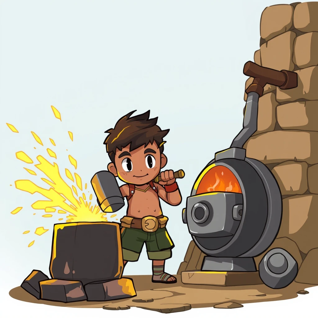 A 2D, chibi-style strong and courageous boy with slightly brown skin is standing by the boiler, hammering iron with a big hammer, sparks flying and sizzling, his whole body like...