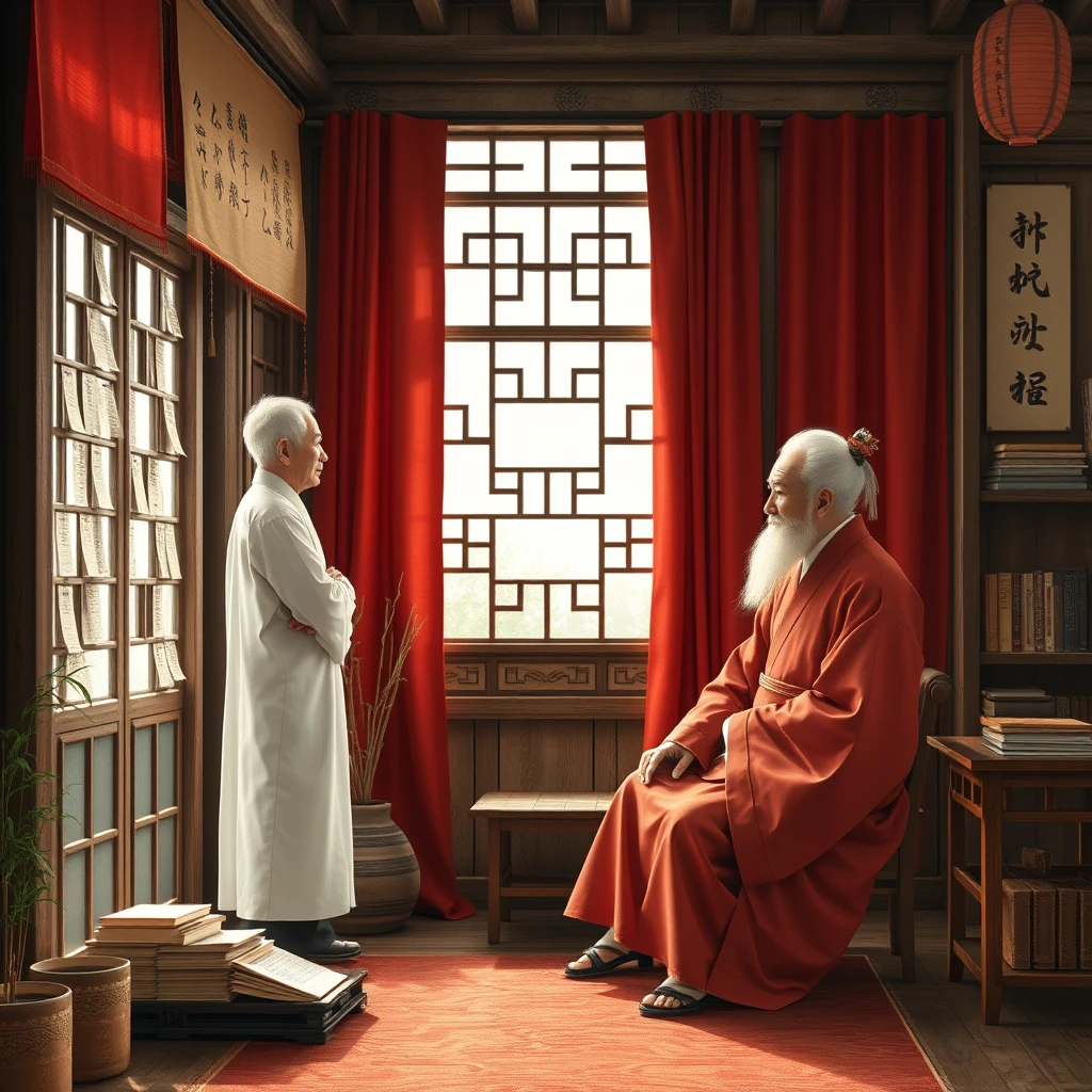 In the quaint study, bamboo slips are lined up, and Fu Boyang stands by the window in deep thought. Two elderly men with white hair, dressed in simple yet elegant clothing—one in white, the other in red—are present. There are deep red curtains, wide robes, and large sleeves, with heavy fabrics made of coarse linen, featuring monotonous colors of clothing.  
Fantasy art posters, ancient China, beautiful landscapes, refreshing and bright, best quality, 8K resolution, close-up shots. - Image