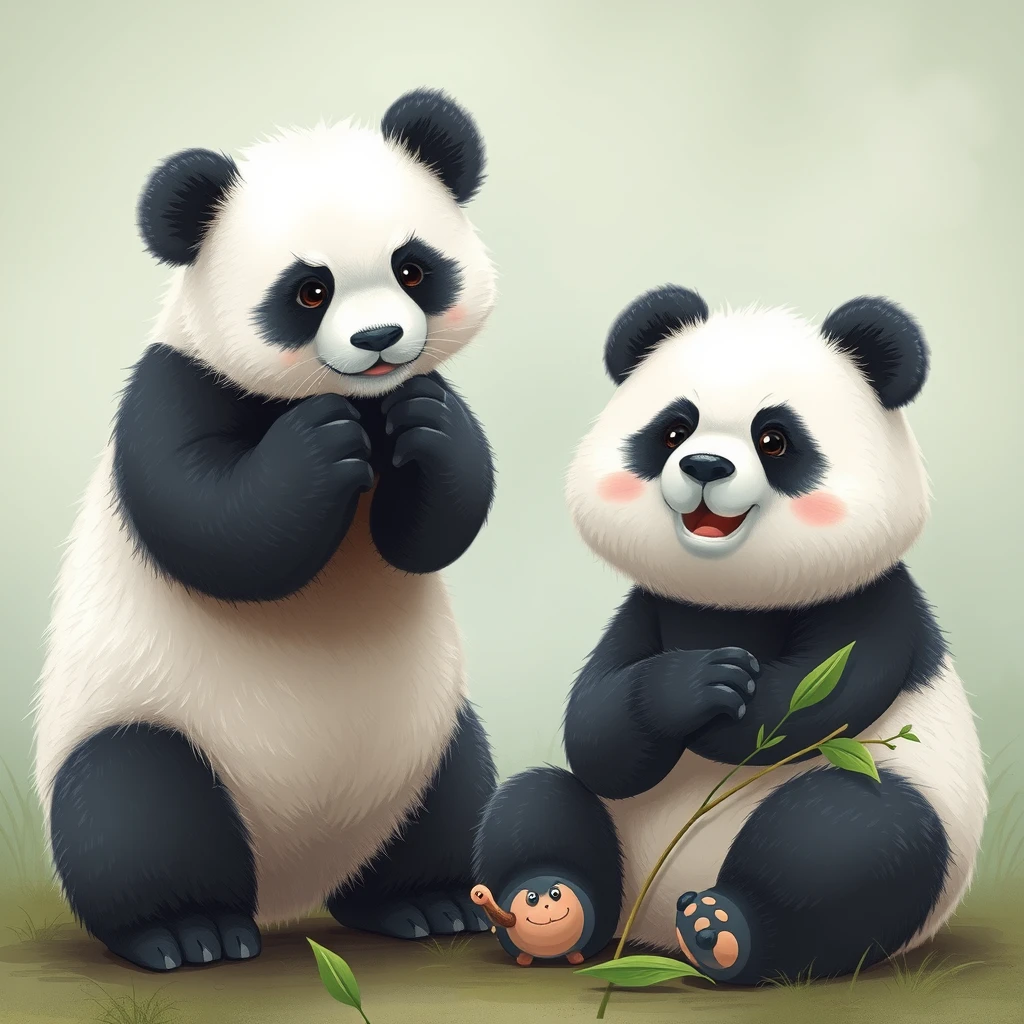 A cute little panda and a cute big panda. - Image