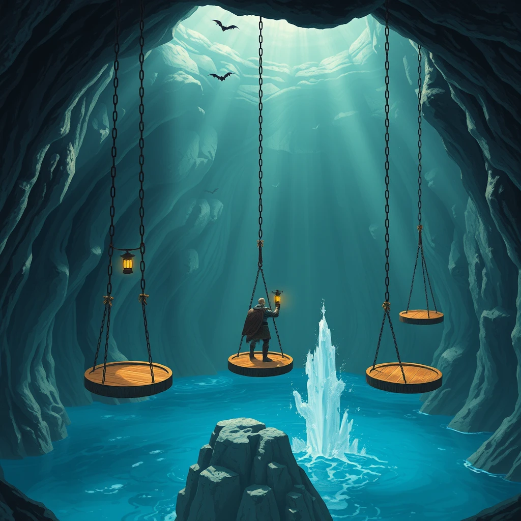 A large cavern, standing on one of the platforms is a male warrior who is holding a lantern. There is blue water filling the bottom of the cavern and a geyser is erupting. Hanging from the ceiling in a row are 5 chains with round wooden platforms at the end of the chain that are suspended above the water. Bats are flying around.