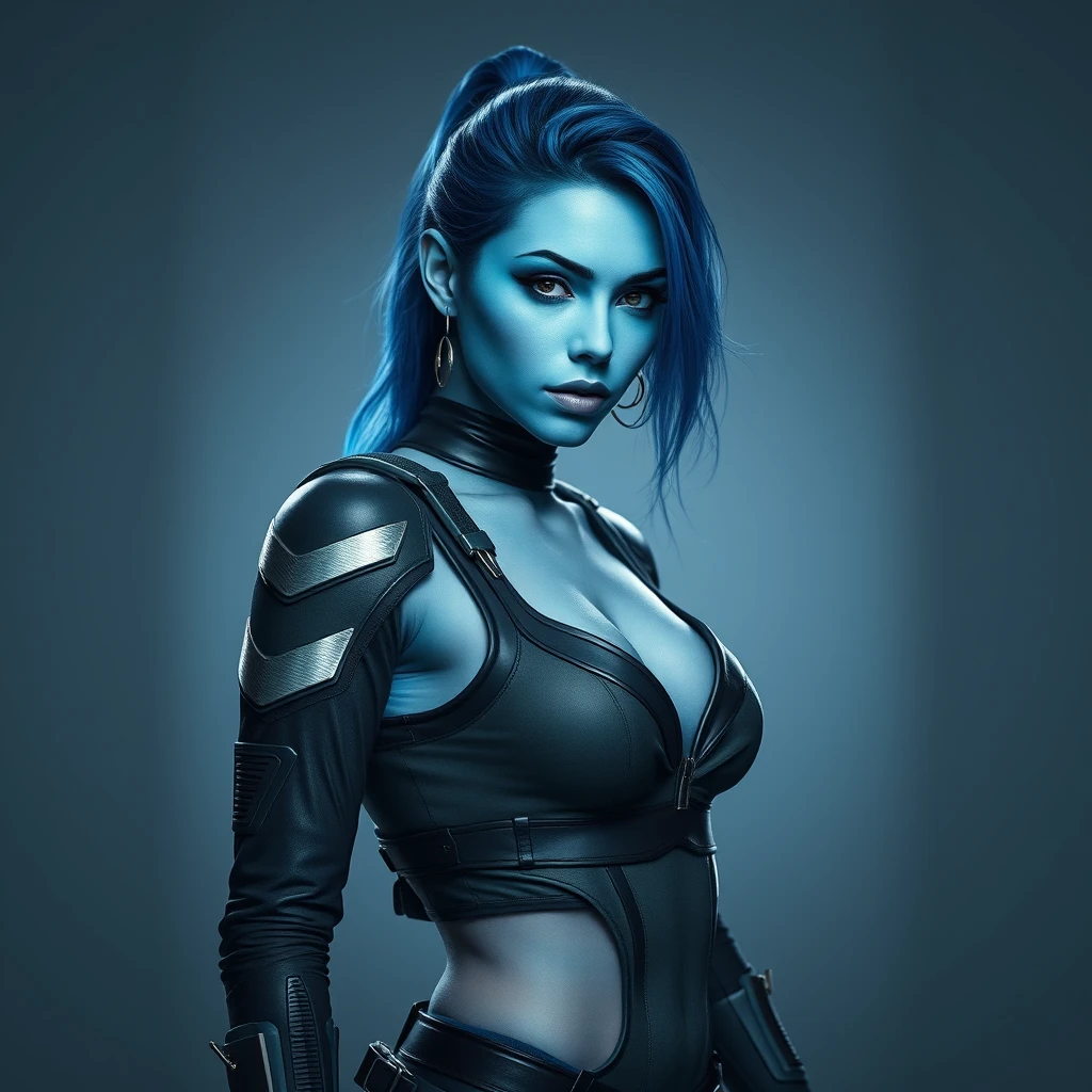 full body, a beautiful woman with blue skin wearing sci-fi clothing looking seductively at the camera, full body