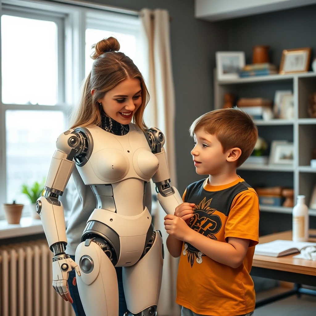 A mother and her son are making a life-size fembot for his science fair project. - Image