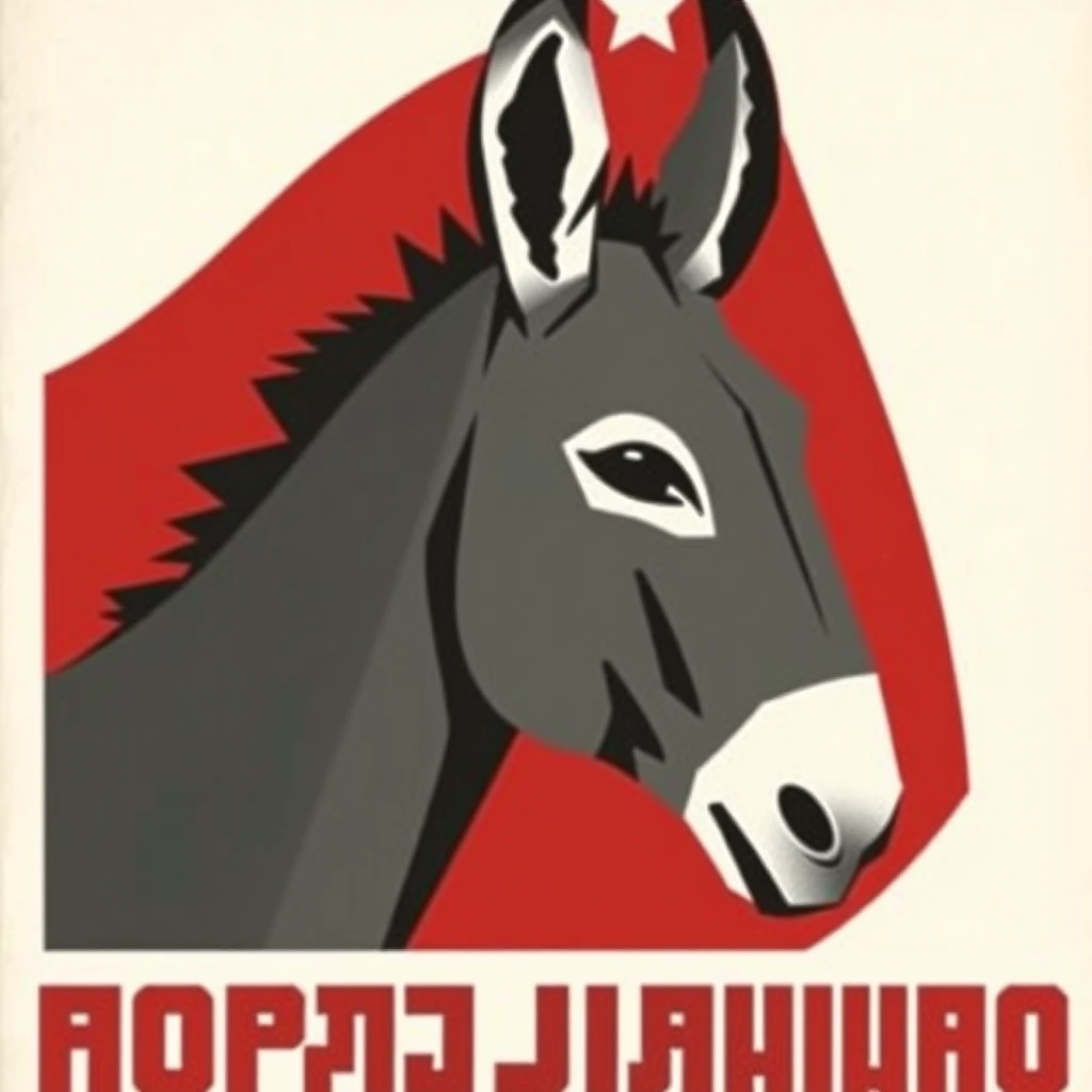 Soviet poster depicting a donkey, constructivist style. The donkey is gray and the background is dark red.