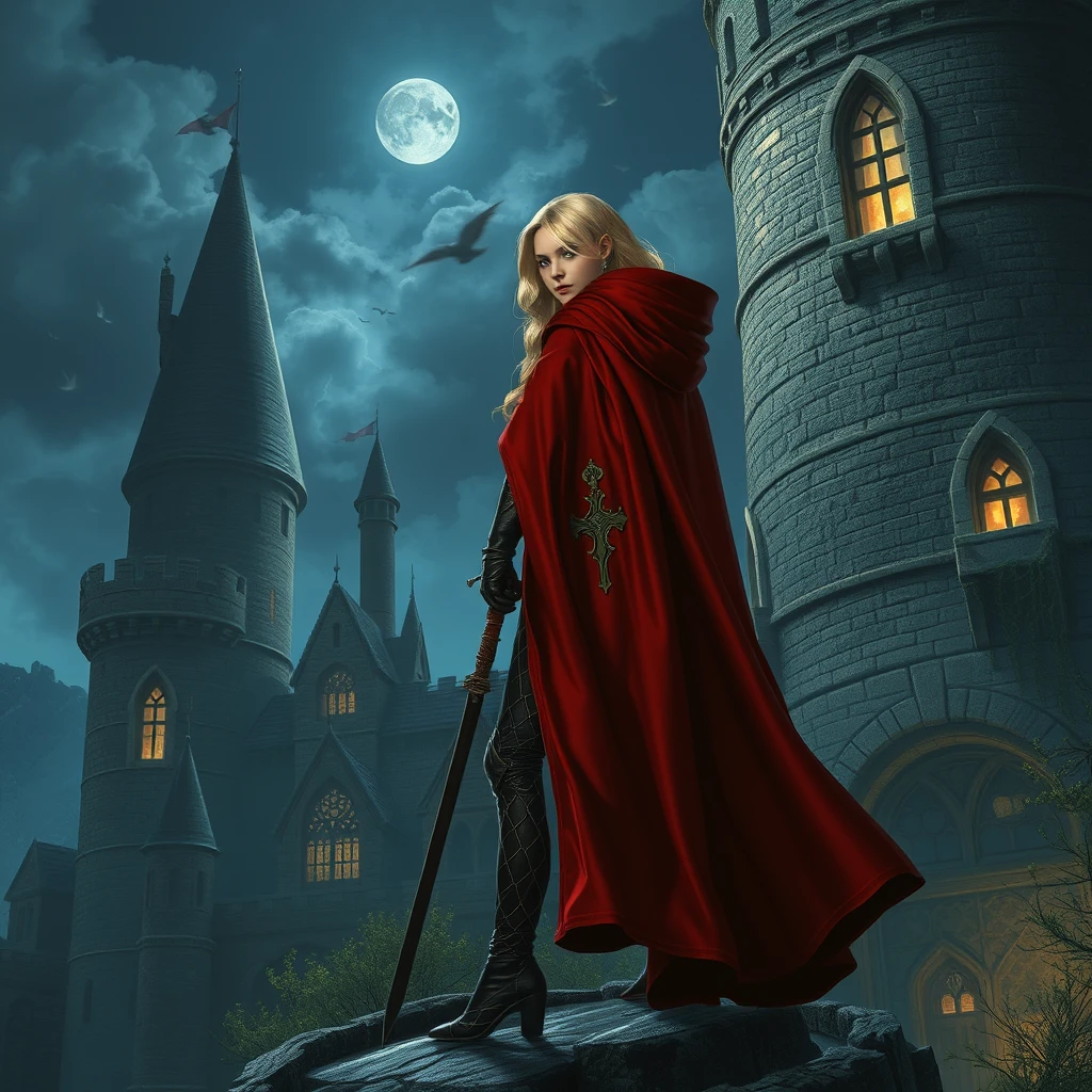 Photorealistic: Fantasy heroine in a red cloak standing guard at night on a medieval castle.