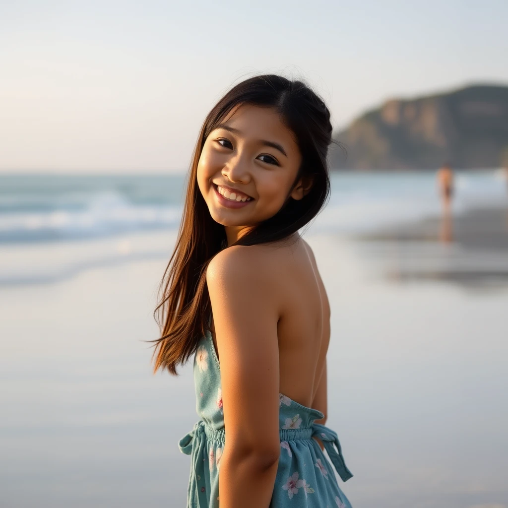 Beach, Asian girl, smiling, facing the camera, hands behind back. - Image