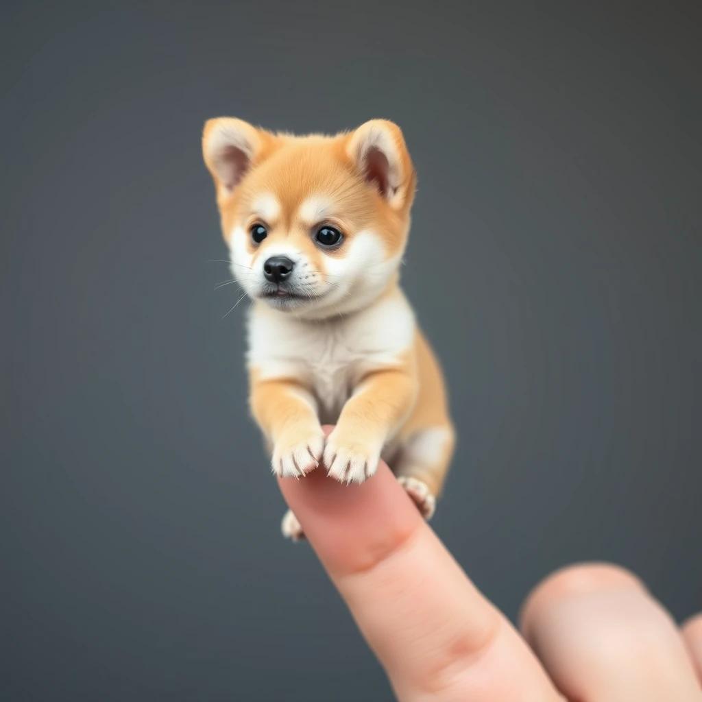 A very very very small tiny cute Akita dog on four in a finger. - Image