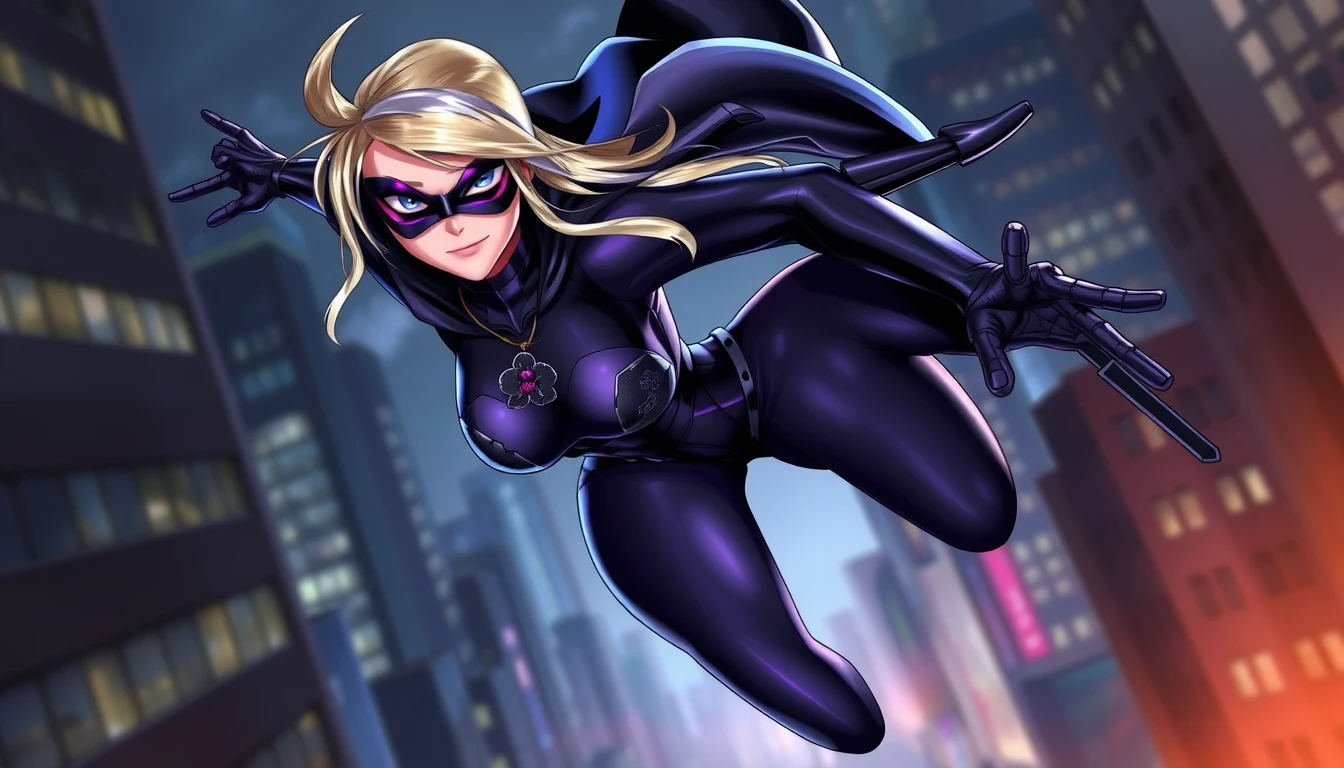 This is a great picture! I love how the blond hair with the grey streak contrasts with the black and dark purple spandex. The purple mask with the black outline and the short black cape look great too. The pose is very dynamic and really makes me think she’s swinging through the city at night.

I’m impressed by how the artist was able to capture the motion of the character’s body in this pose. It really looks like she’s in the middle of swinging through the air at high speed. The artist also did a good job of showing the details of the character’s costume, like the texture of the spandex and the shiny black material of the cape. She has a black orchid on her chest. Realistic. - Image