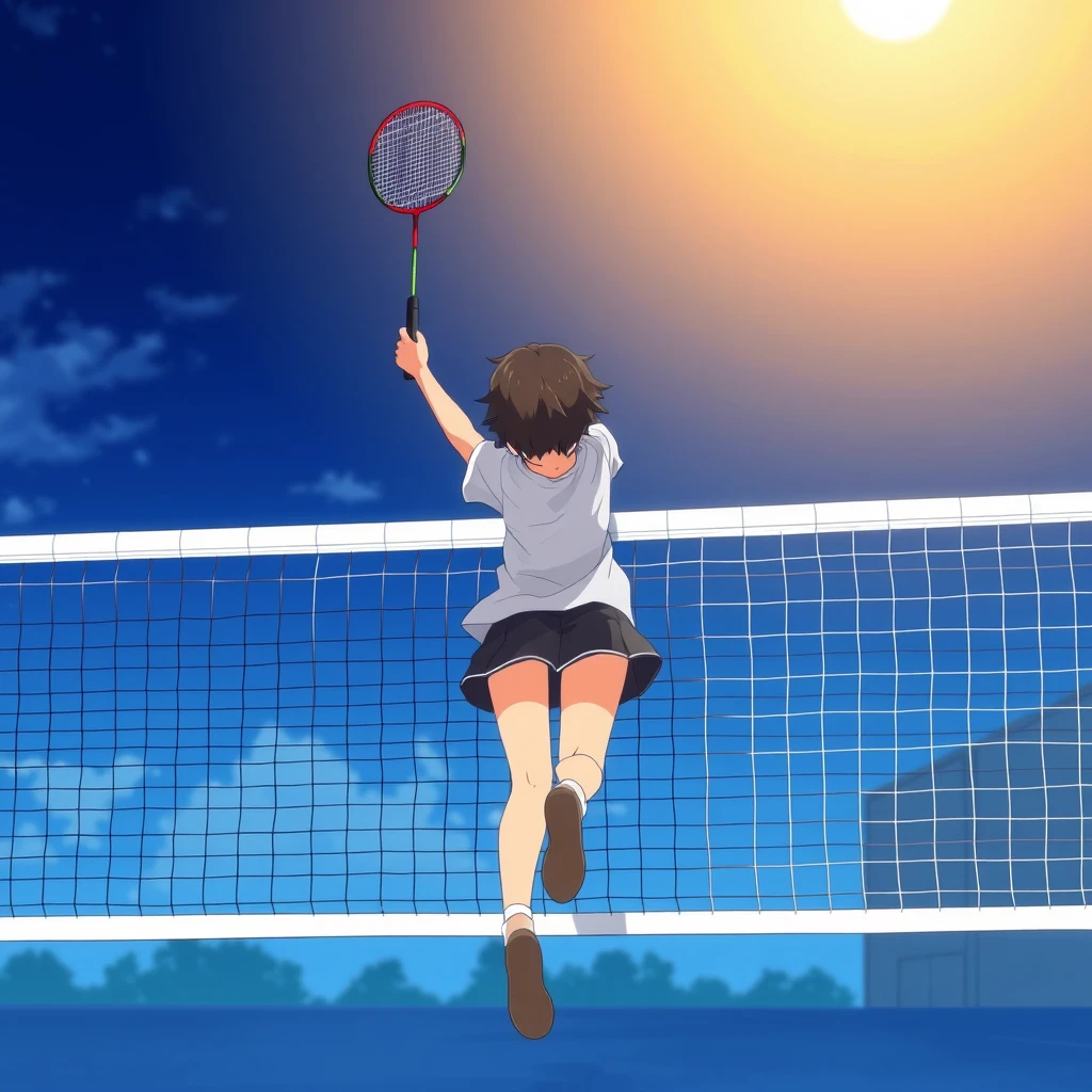 A girl jumps up to smash with a badminton racket at the net, back view, anime. - Image