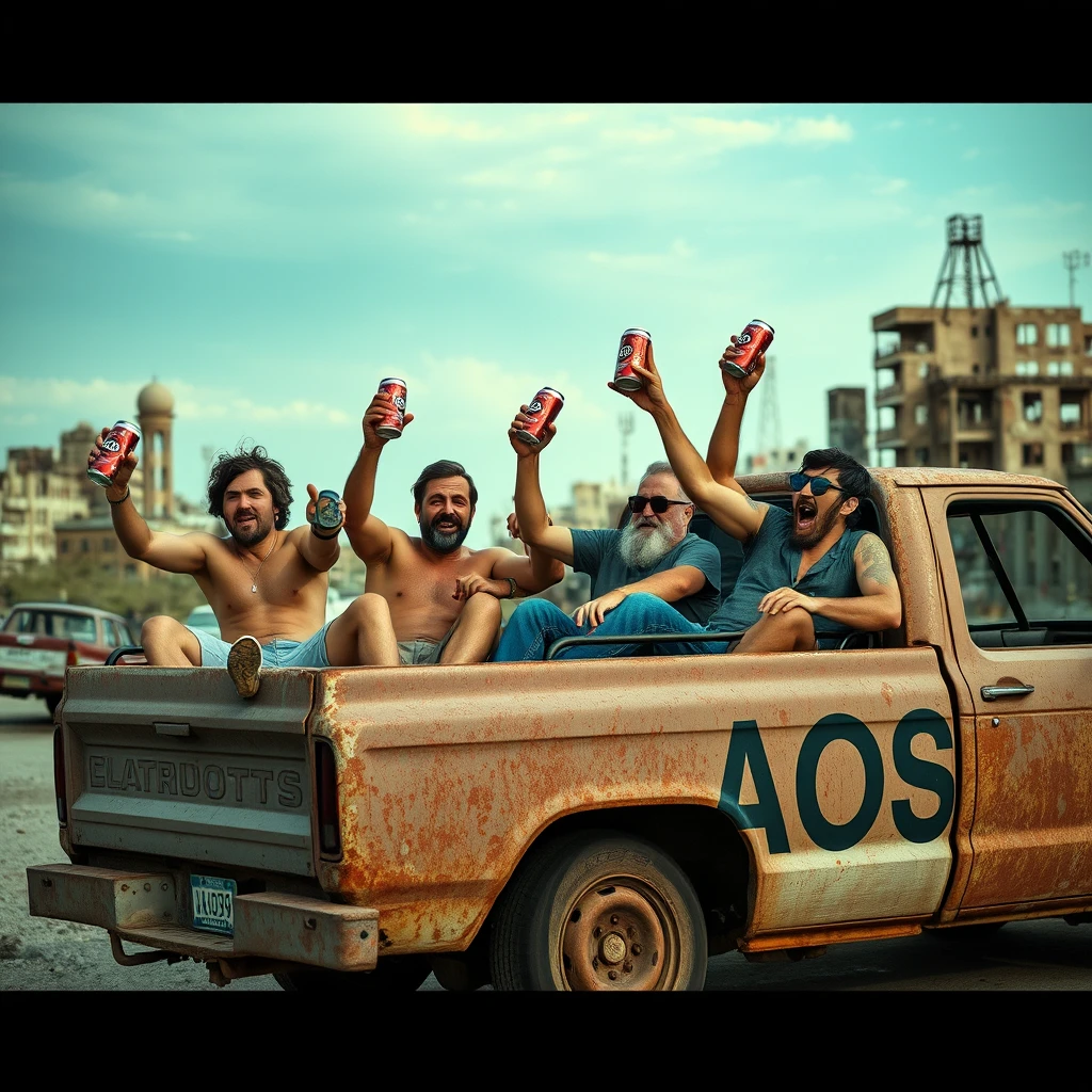 A visually intoxicated bunch of morons riding in the bed of a pickup truck, toasting with beer cans. The truck drives through an abandoned city, is very rusty, and has the letters "AOS" printed on the side. - Image