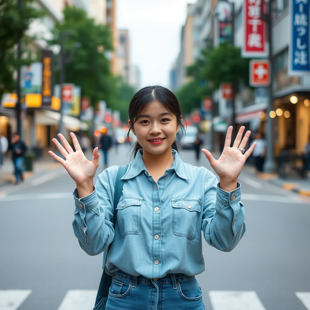 Asian woman holding hands out in the middle of the street.