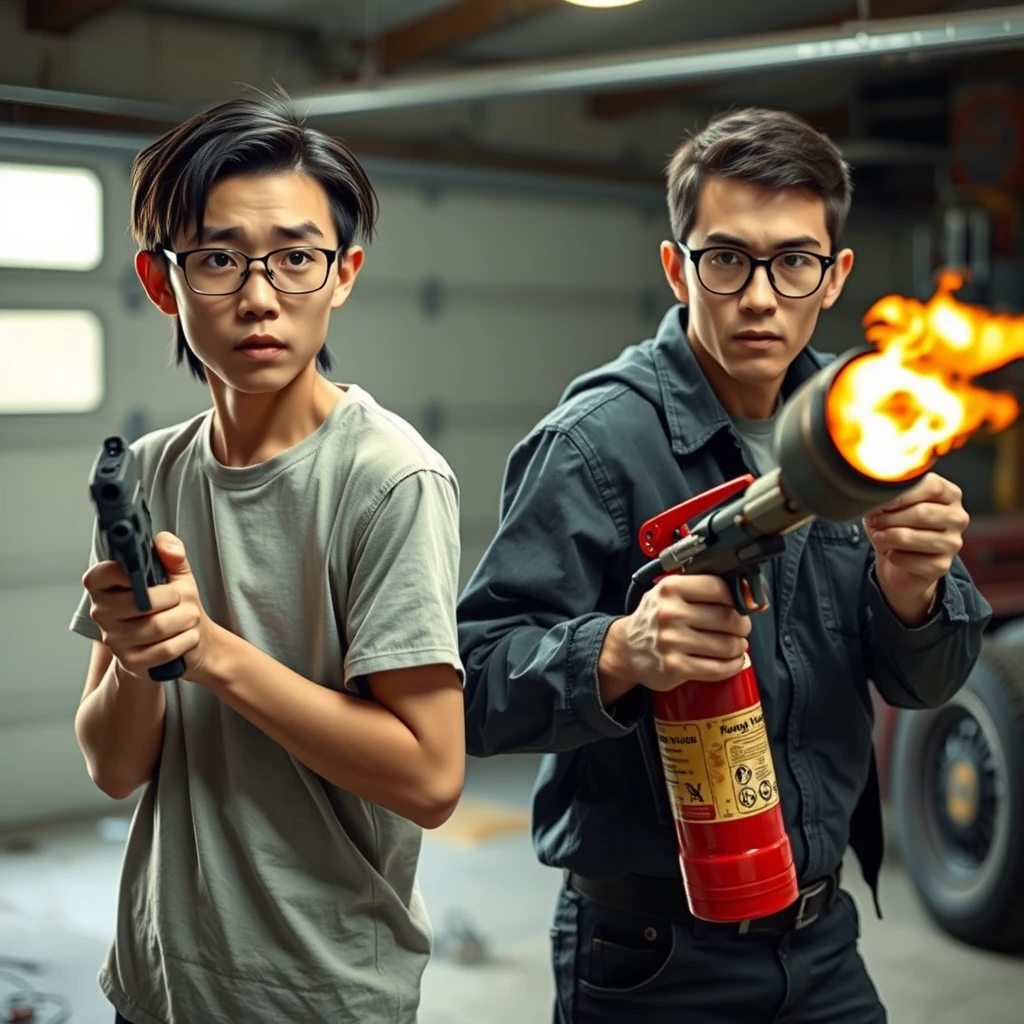 21-year-old white, thin, long-faced young northern Chinese man with a square chin, wearing square glasses, holding a pistol, with medium to long length hair; 21-year-old white Italian man wearing round glasses and short hair holding a very large fire extinguisher flamethrower; garage setting; both angry. - Image