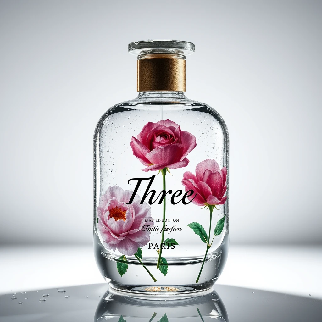 Realistic photography, limited edition glass cosmetic bottles from Paris, with "Three" and representative floral images printed on the glass bottle, set against a white background. The bottle features dew on the surface, showcasing epic visual effects and exquisite printing techniques, intricate details, and rich details. - Image