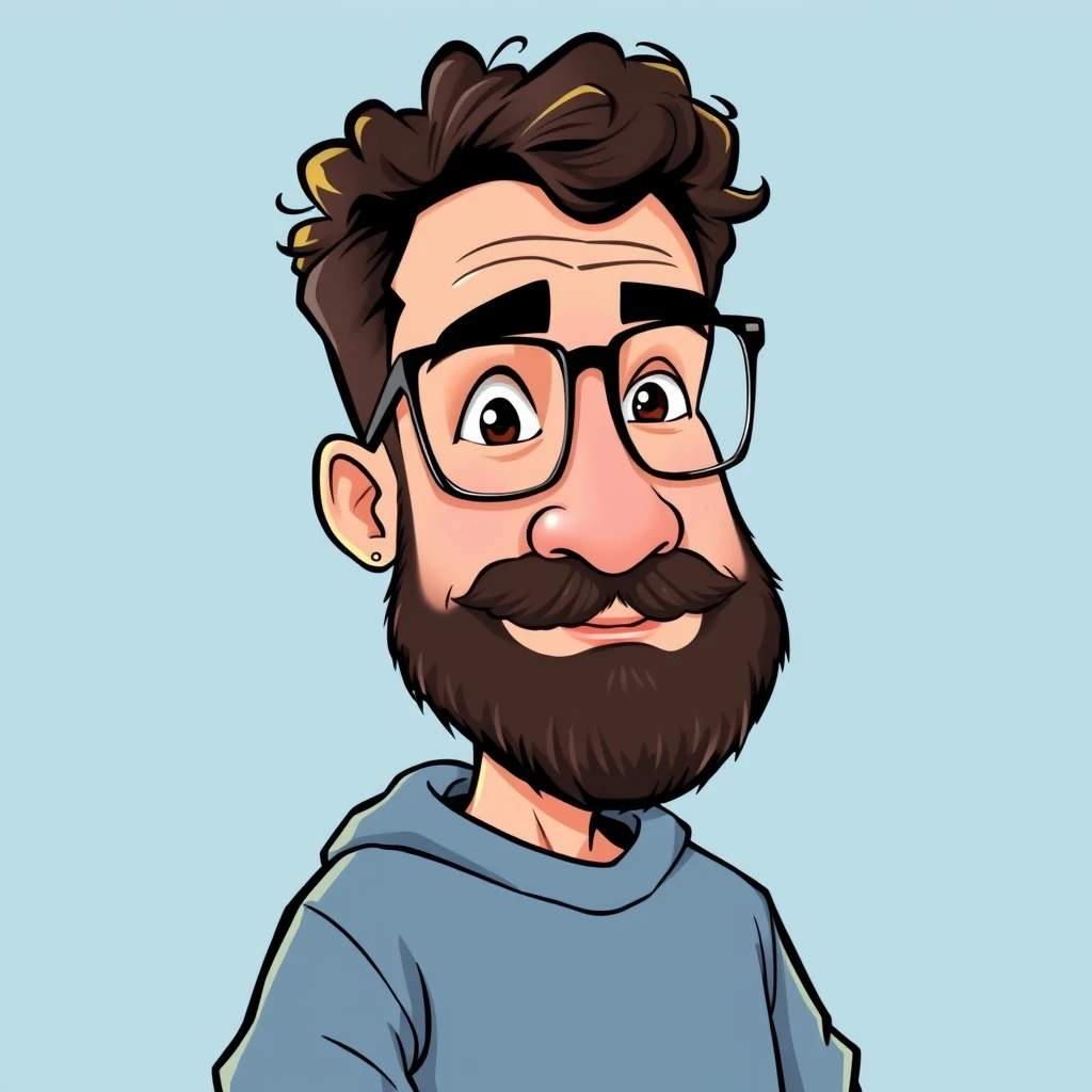 An illustration of a caricature character in the style of a cartoon, with short curly hair and a beard wearing glasses and a sweatshirt, with a background in light blue tones. The artwork should capture his essence through exaggerated features and expressive elements to bring out his personality. Use bold lines for outlines and soft colors to create depth.